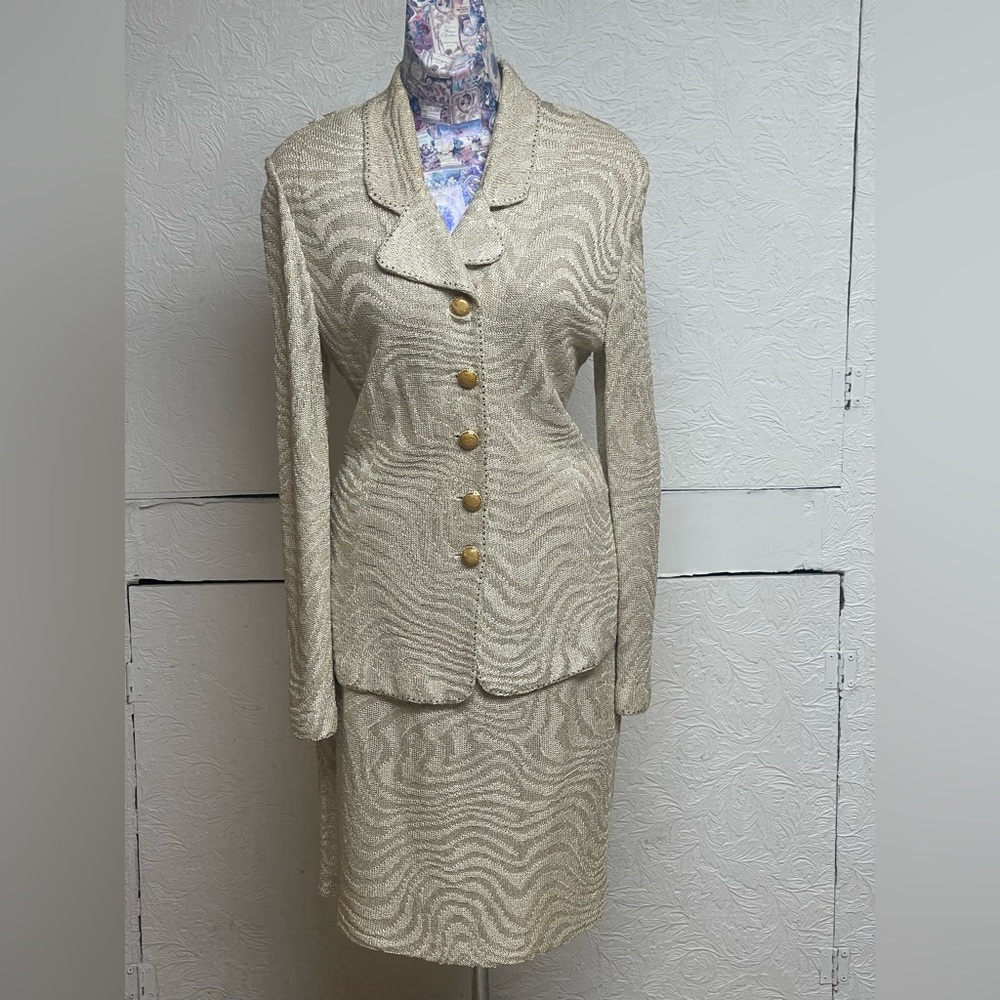 Elegant St John Gold Buttoned Blazer and Skirt Set